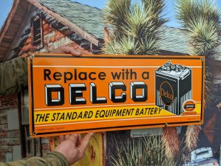Old Vintage Large 1949 Delco Batteries Porcelain Enamel Dealership Sign 2x Sided
