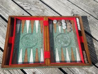 Backgammon Set Vintage Leather Bound Case Carved Mexican Mayan Aztec Style