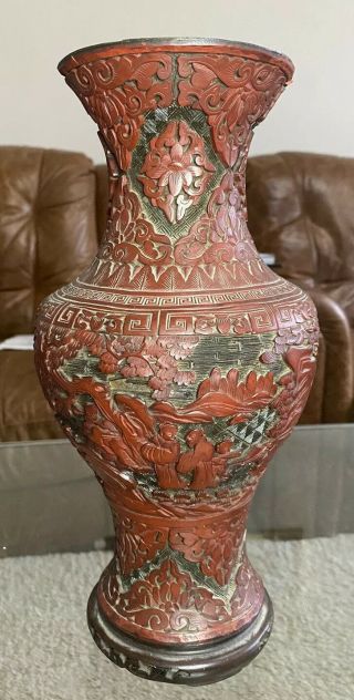 A Large 19th Century Chinese Carved Lacquer Jar And Cover And Stand