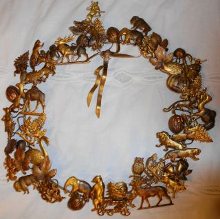 Vintage Dresden Petites Choses Brass Merry Christmas All Holiday Wreath,  Animals