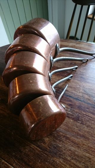 Vintage French Copper 5 Piece Saucepan Pot Set Heavy Duty Wrought Iron Handles