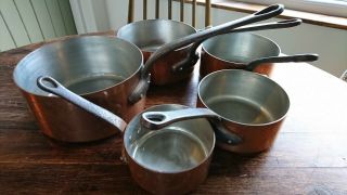 Vintage French Copper 5 Piece Saucepan Pot Set Heavy Duty Wrought Iron Handles 3
