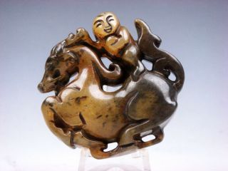Old Nephrite Jade Carved Pendant Sculpture Baby Riding Dragon Horse 11252006