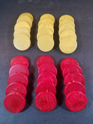 Vintage Bakelite Crisloid Backgammon Checkers Cardinal Swirled Red Yellow 1.  75 "