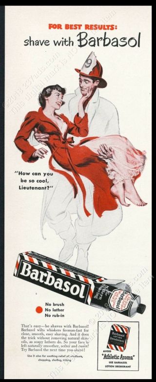 1949 Lingerie Woman Fireman Rescue Art Barbasol Shaving Cream Vintage Print Ad