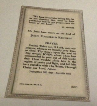 Vintage President John Fitzgerald Kennedy JFK Funeral Prayer Card enclsd plastic 2