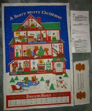 Vtg Beary Merry Christmas Advent Calendar Vip Cranston Fabric Panel W/bear Read