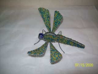 Beaded Wire Dragonfly Turquoise & Lime Green Seed Beads On Wire Frame Glass Head