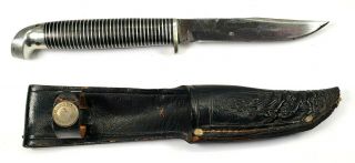 Vintage Western Black Beauty F48b Hunting Knife W/ Tooled Black Leather Sheath