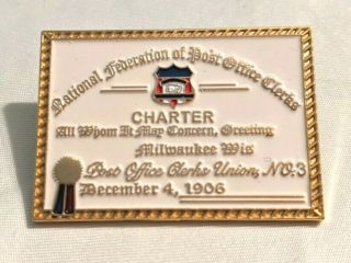 Vtg National Federation Of Post Office Clerks Charter Certificate Lapel Pin Fp20