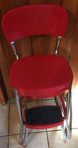 Vintage Cosco Red Kitchen Steel Step Stool Chair Sliding Steps