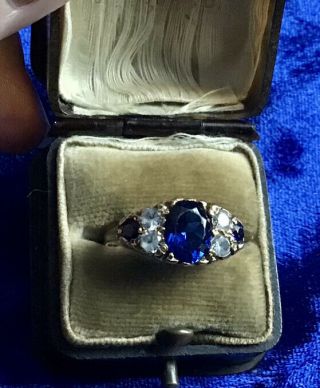 Fine Vintage Solid 9ct Gold Blue & White Sapphire Set Ring Size N 4.  5 Grams