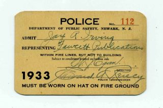 1933 Courtesy Card,  Police Department Of Newark,  Jersey,  For Fire Access