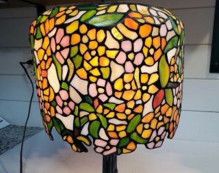 Vintage Tiffany Style Leaded Stained Glass Lamp Shade / Dome W/ Wrought Iron Web
