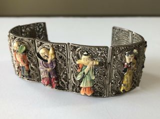 Vintage Chinese Export Silver Filigree Carved Elders Immortals Panel Bracelet