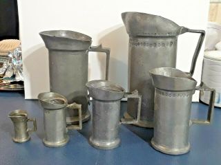 Vintage Antique Pewter Pitcher Measuring Cup Tankard Mug Set With Hallmarks