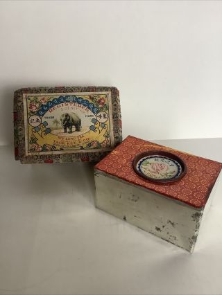 Vintage Tack Kee & Co Tea Box Tin With Lid Wu Lung Elephant China Full