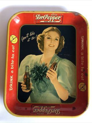 Vintage 1940’s Dr Pepper Soda Cola Metal Serving Tray Pretty Woman