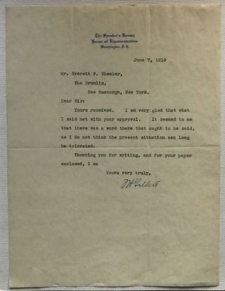 Us Speaker House Representatives Polygamy Congressman Ma Letter Signed 1919 Vf