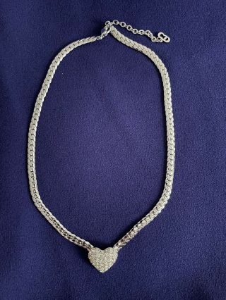 Christian Dior Vintage Rhinestone Heart Necklace Herringbone Chain With Extender
