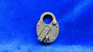 Marked W.  F.  & Co.  (wells Fargo) Vintage Brass Padlock W/marked Barrel Key