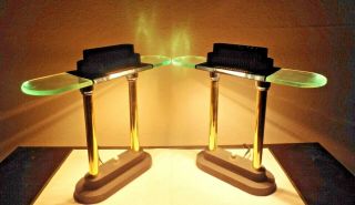 Lamps A Pair Vintage 15 " H Halogen Metal & Green Glass Bankers Desk Table Lamps