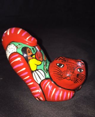 Vintage Cat Figurine Hand Painted Glazed Isidoro Mexican Folk Art Clay Pottery