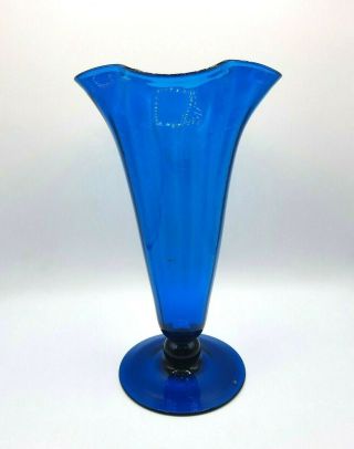 Vintage Art Glass Hand Blown Cobalt Blue Footed Trumpet Vase