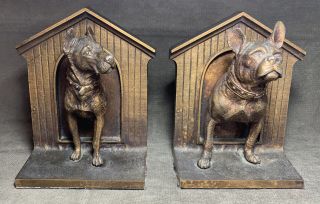 Vintage Bradley & Hubbard B H Bh Cast Iron Dog House Bookends Great Dane Bulldog