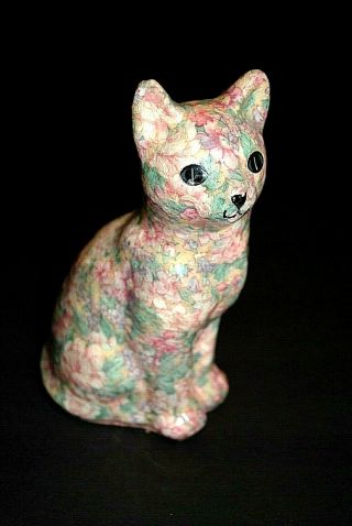 Vintage Ceramic Glazed Fabric Large Cat Figure Floral Design