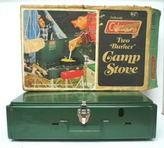 Vintage 1978 Coleman 425 - E 2 - Burner Compact Camp Stove W/ Fuel Tank Gently
