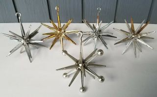 5 Vintage Bradford Hard Plastic Atomic Sputnik Star 1960’s Christmas Ornaments