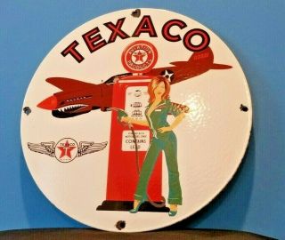 Vintage Texaco Gasoline Porcelain Pin Up Girl Ww2 Aviation Airplane Service Sign