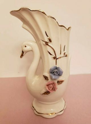 Vintage Swan Porcelain Bud Vase Applied Roses Gold Trim 6 1/2 "