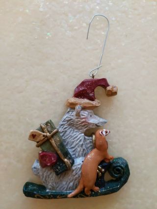 Artist Crafted Ferret And Bear On Sled Christmas Ornament Decoration Composite