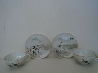 Japanese Eggshell Porcelain Tea Cups & Saucers With Hand Painted Storks