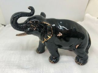 Vintage Mid Century Black & Gold Ceramic Elephant Figurine Trunk Up Good Luck