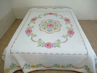 Queen Vintage Hand Sewn Cross Stitch Quilt W/ Roses Tulips Sunflowers Medallion