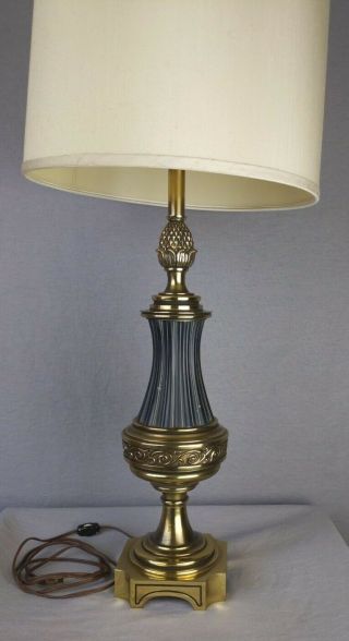 Vintage Stiffel Black Enamel Brass Table Lamp Pineapple Hollywood Regency Shade