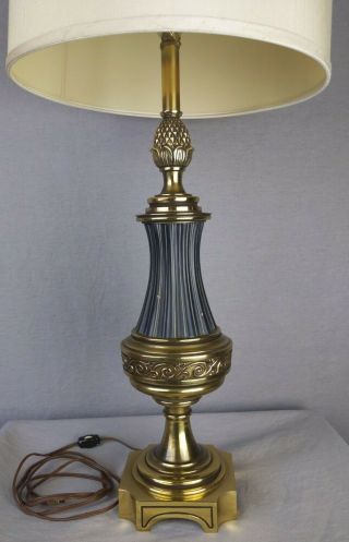 Vintage Stiffel Black Enamel Brass Table Lamp Pineapple Hollywood Regency Shade 2