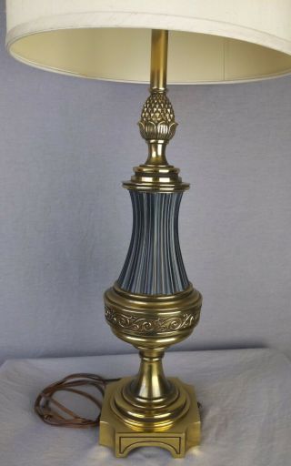 Vintage Stiffel Black Enamel Brass Table Lamp Pineapple Hollywood Regency Shade 3