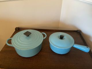 Two Vintage Le Creuset Turquoise Blue Cast - Iron Enamel Pots France