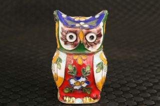 Chinese Old Cloisonne Hand Painting Owl Statue Figure Toothpick Box