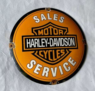 Vintage 1950’s Domed Harley Davidson 12” Porcelain Sign Car Truck Oil Gas
