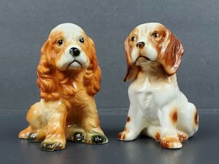 Set Of 2 Vintage Porcelain Sitting Dog 4 " Figurines Cocker Brittany Spaniel Euc