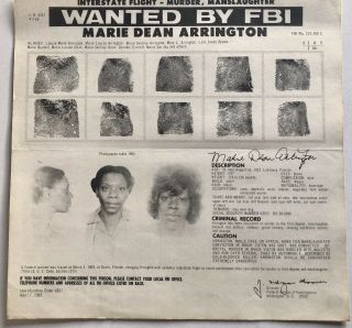 Fbi Most Wanted Poster Marie Dean Arrington 2nd Women On Fbi List 1969