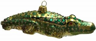 Green And Gold Jeweled Crocodile Polish Glass Christmas Ornament Animal Wildlife