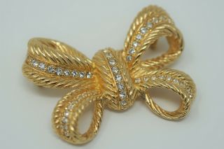 Vintage Christian Dior Signed Bow Brooch Pin Gold Tone W/rhinestones