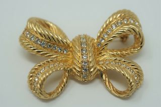 Vintage Christian Dior Signed Bow Brooch Pin Gold Tone W/Rhinestones 2