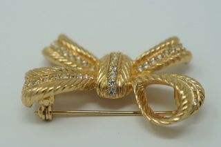 Vintage Christian Dior Signed Bow Brooch Pin Gold Tone W/Rhinestones 3